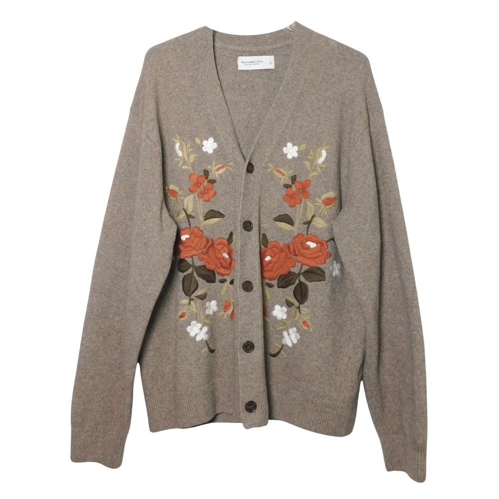 Abercrombie & Fitch Floral Embroidered Cardigan Sweater Taupe Brown Large